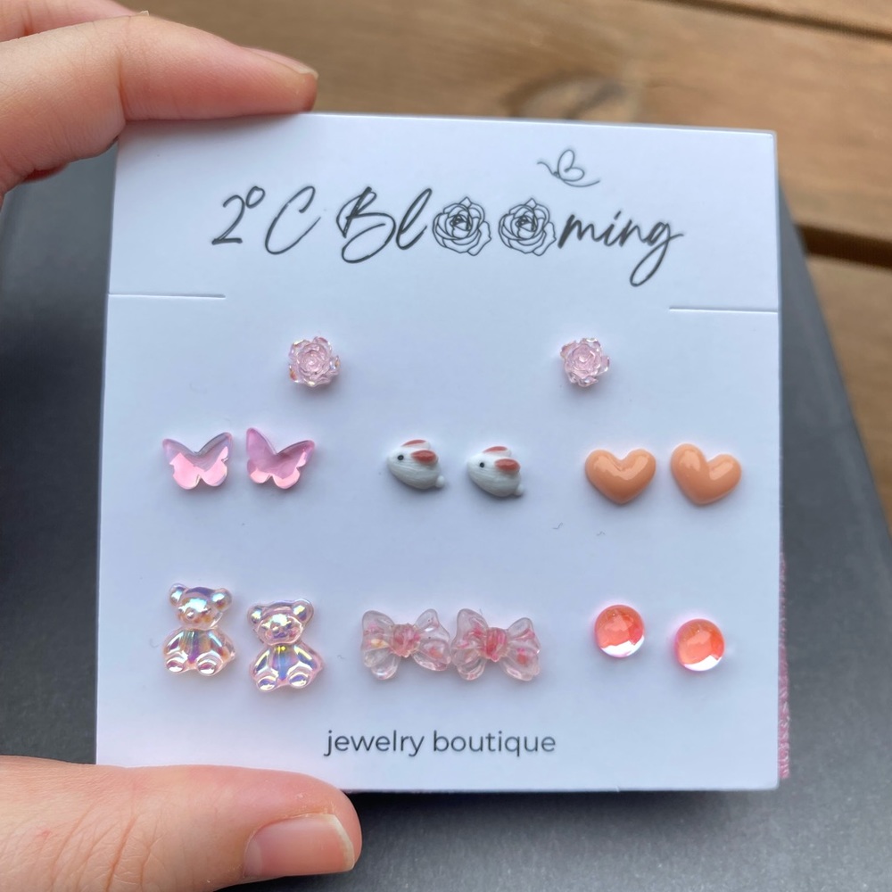 Y2K pink series Translucent anti allergy Stud Earrings Set of 7